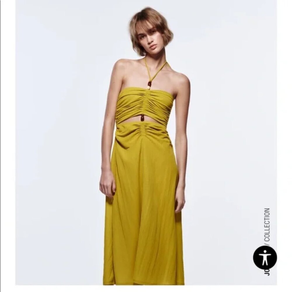 NWT Zara Yellow Green Cutout Halter Dress with bead